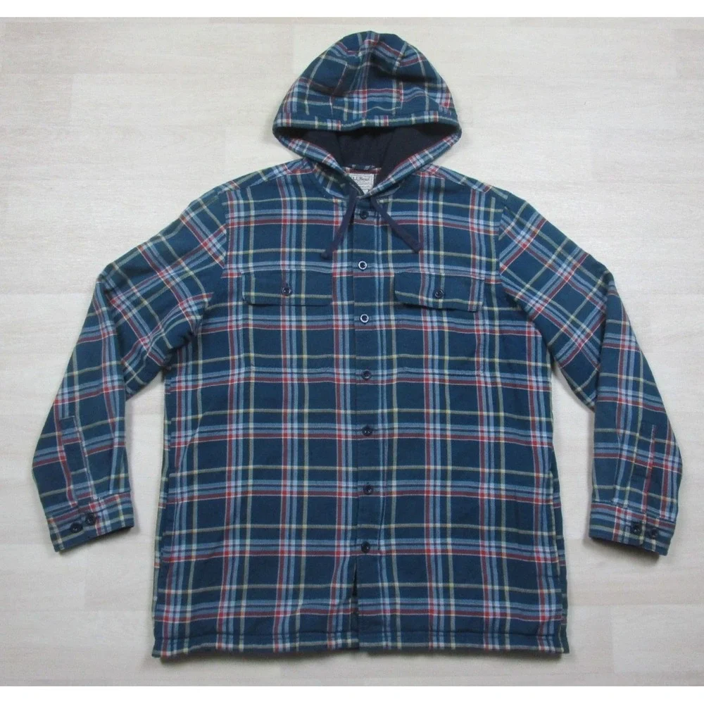 Vintage Y2K LL Bean Fleece Lined Flannel Full Zip Hoodie Mens (L) Plaid Workwear
